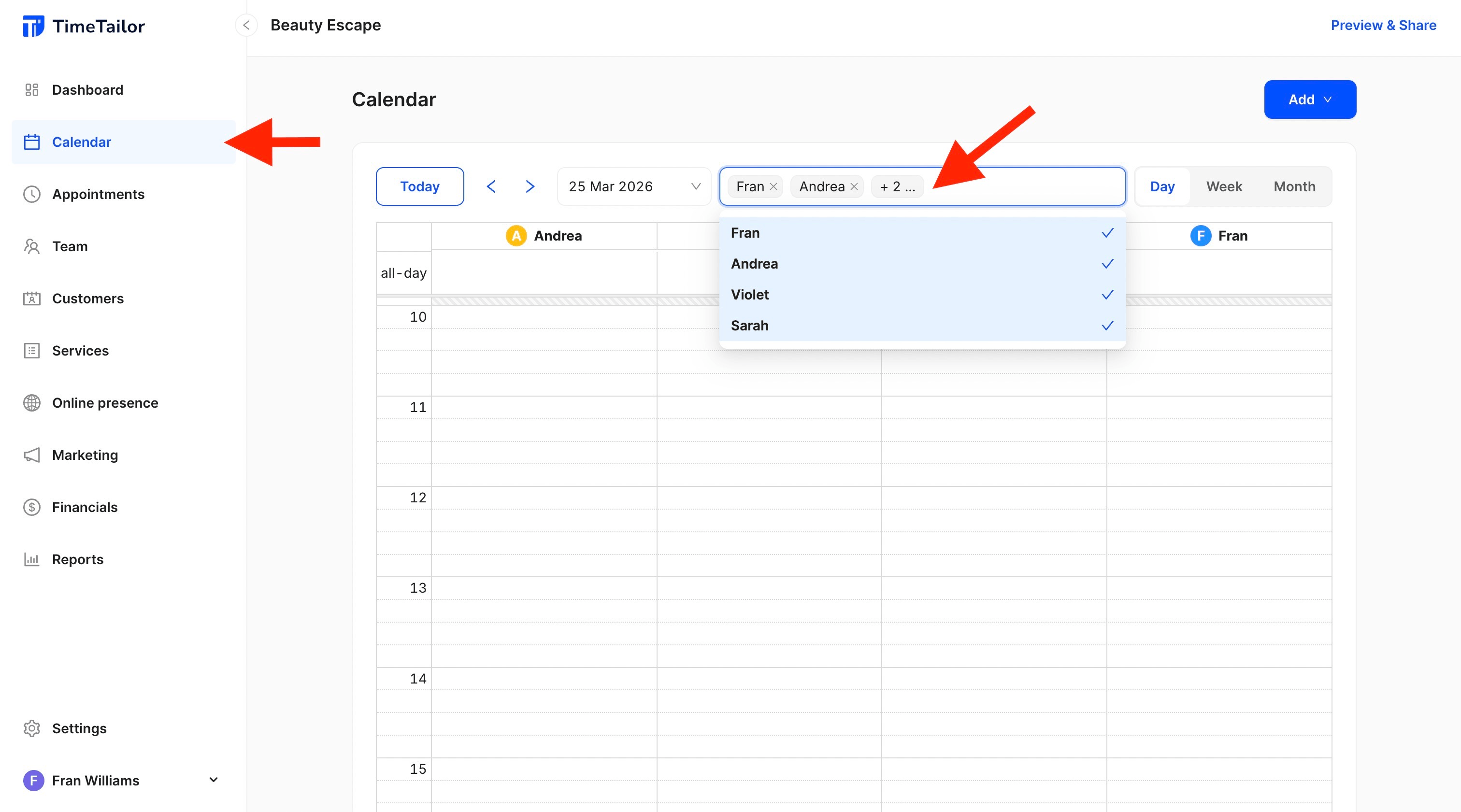 calendar viewing options for team