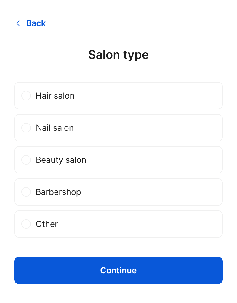 create an account inside the salon software by choosing your business type