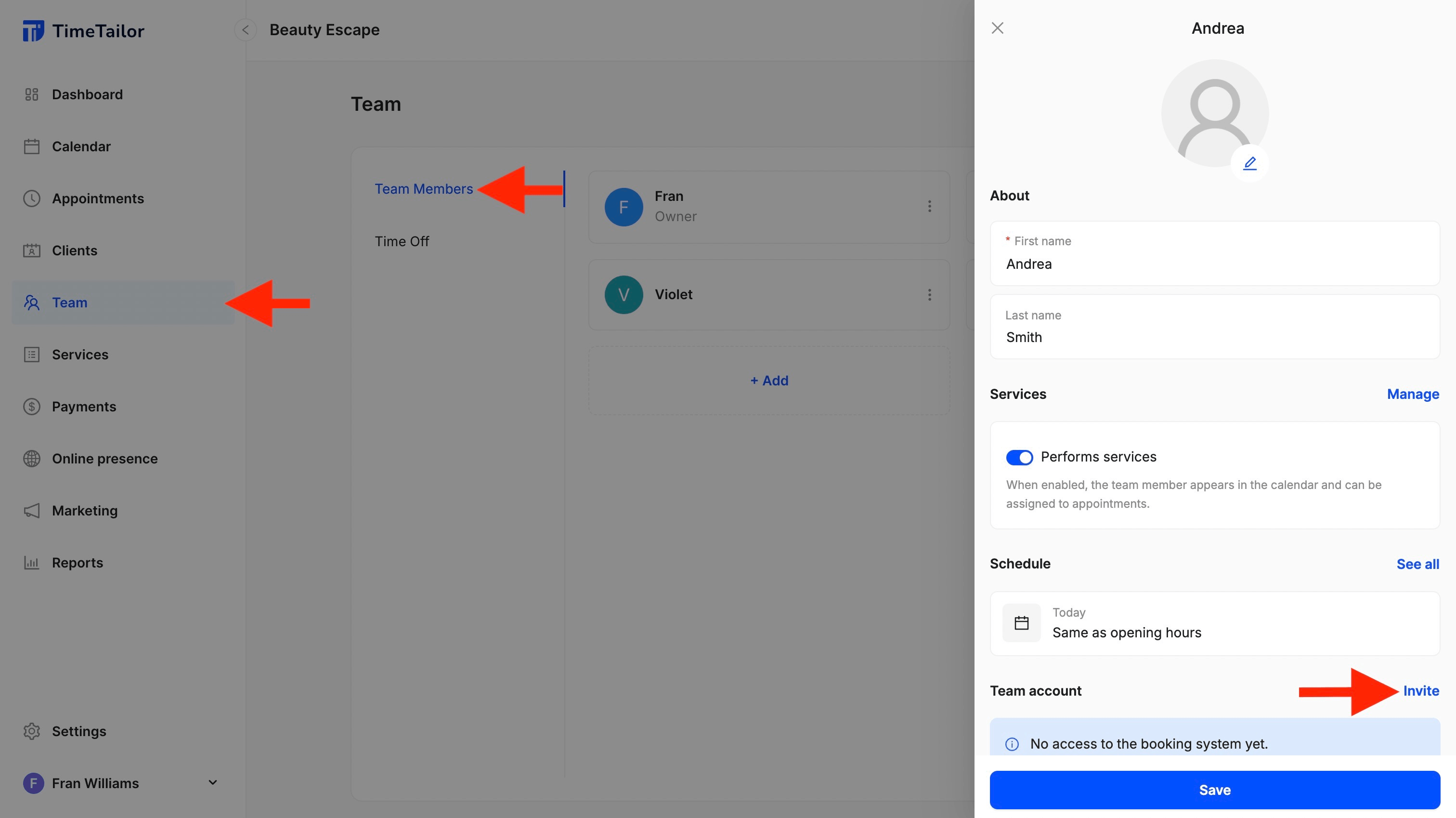 salon booking app with team management options