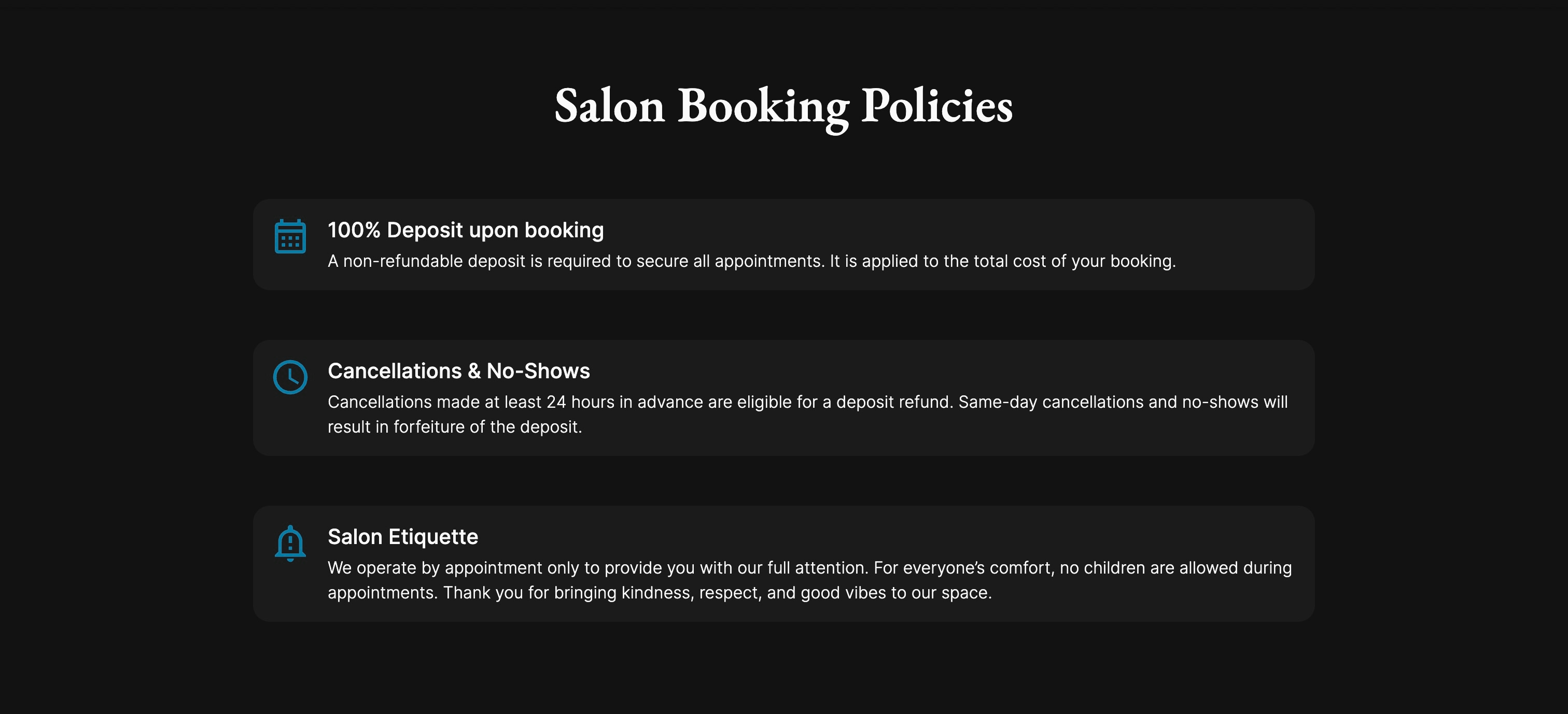salon booking policies example