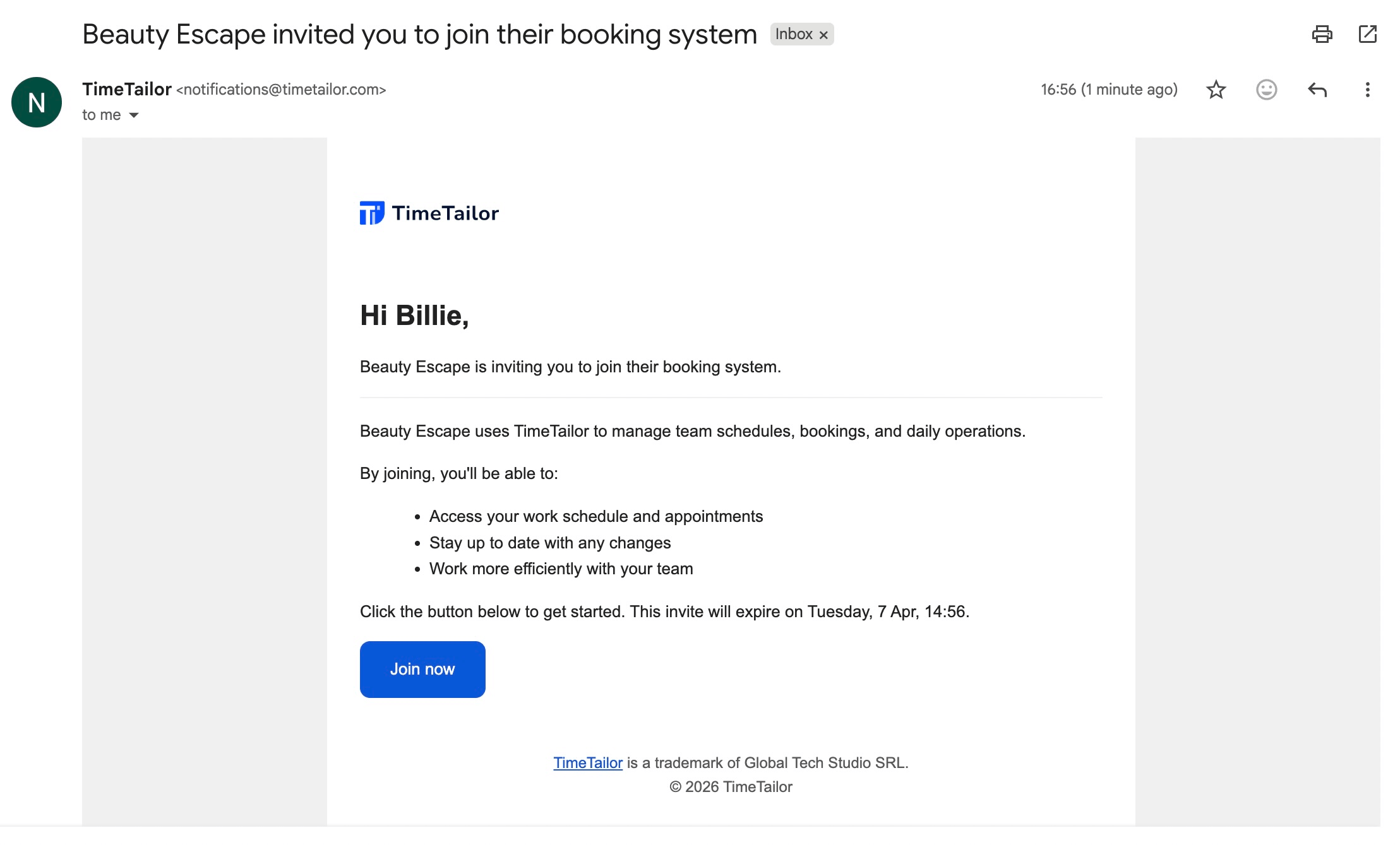 team member email invitation