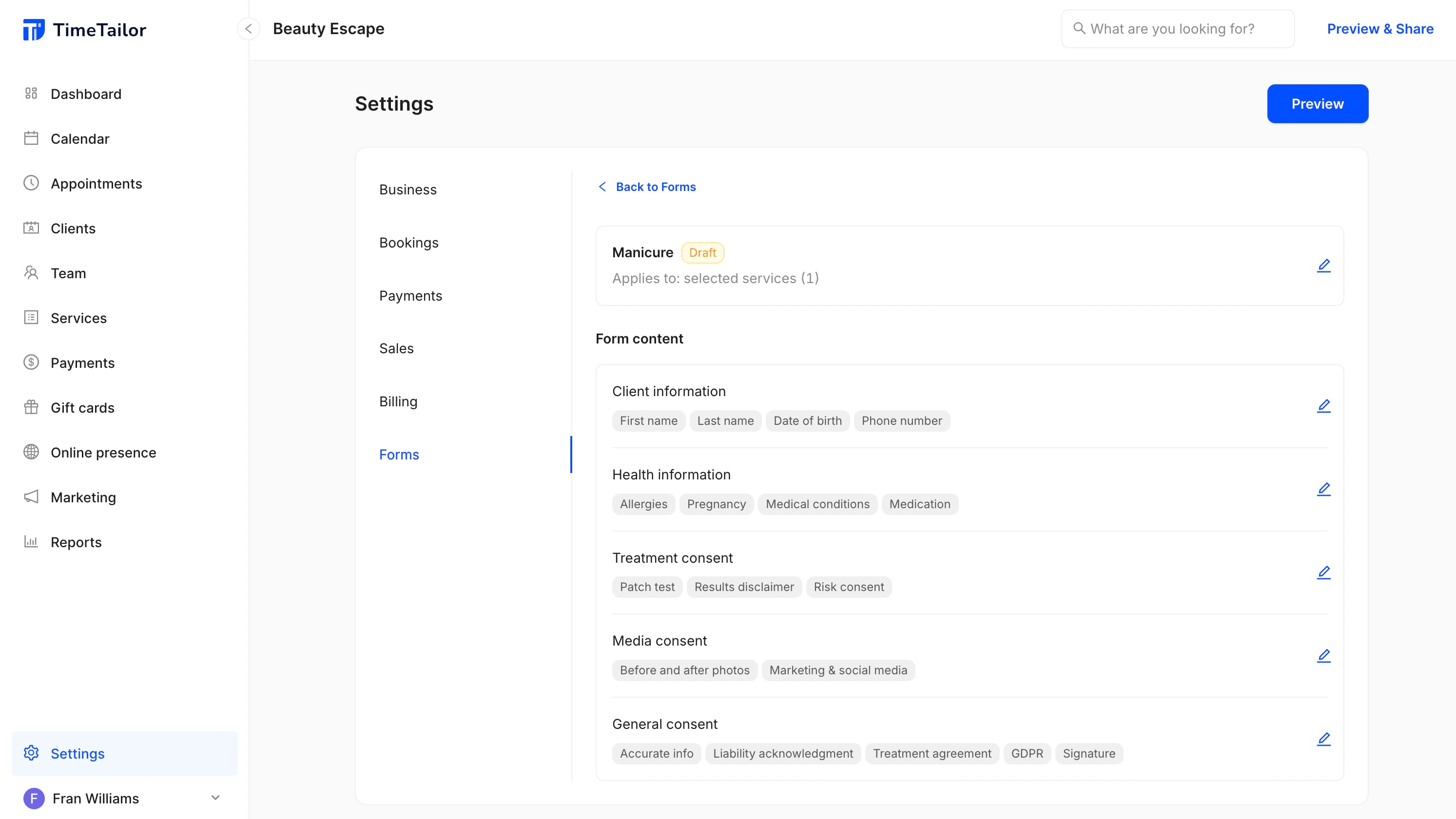 salon booking software with consent forms