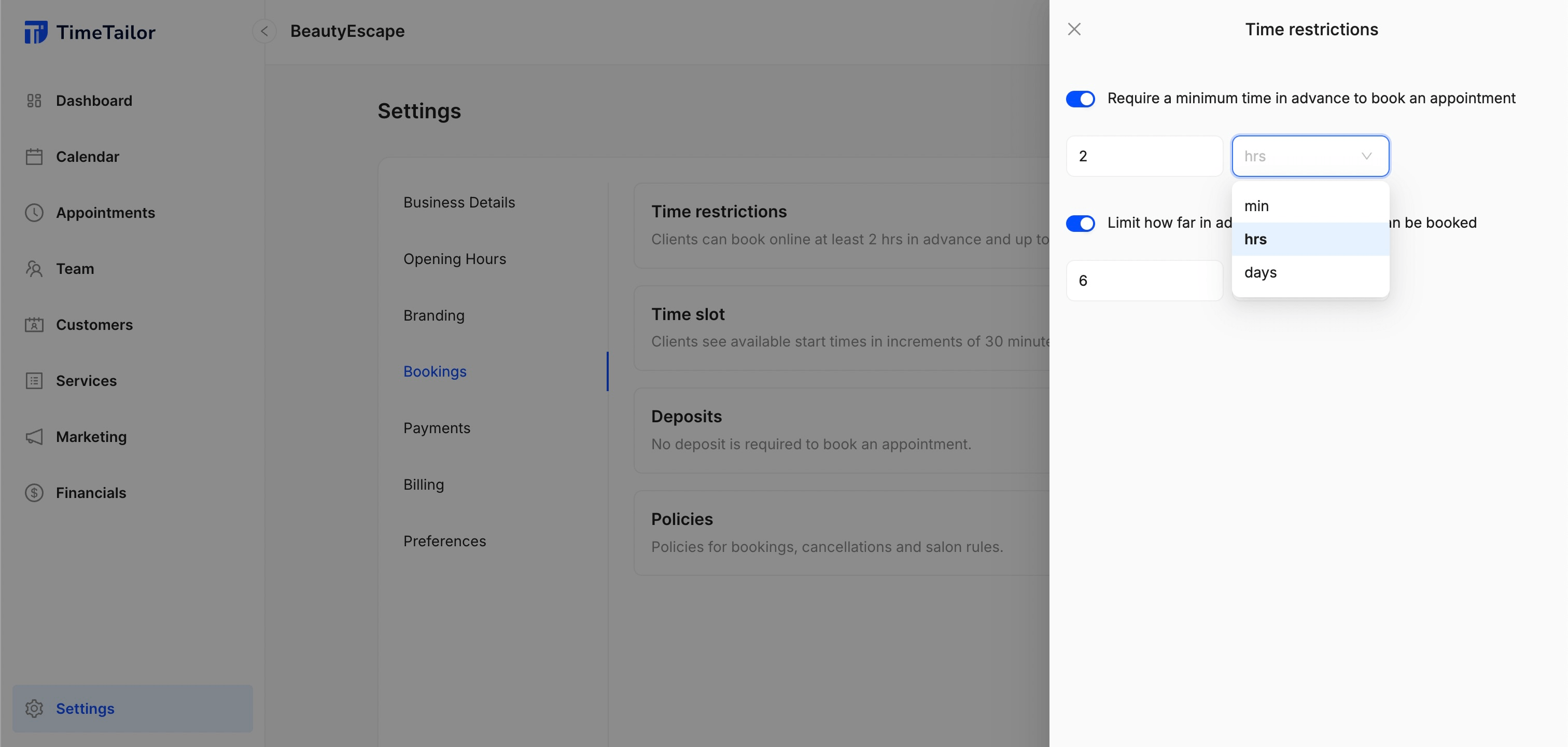 salon booking app time restrictions