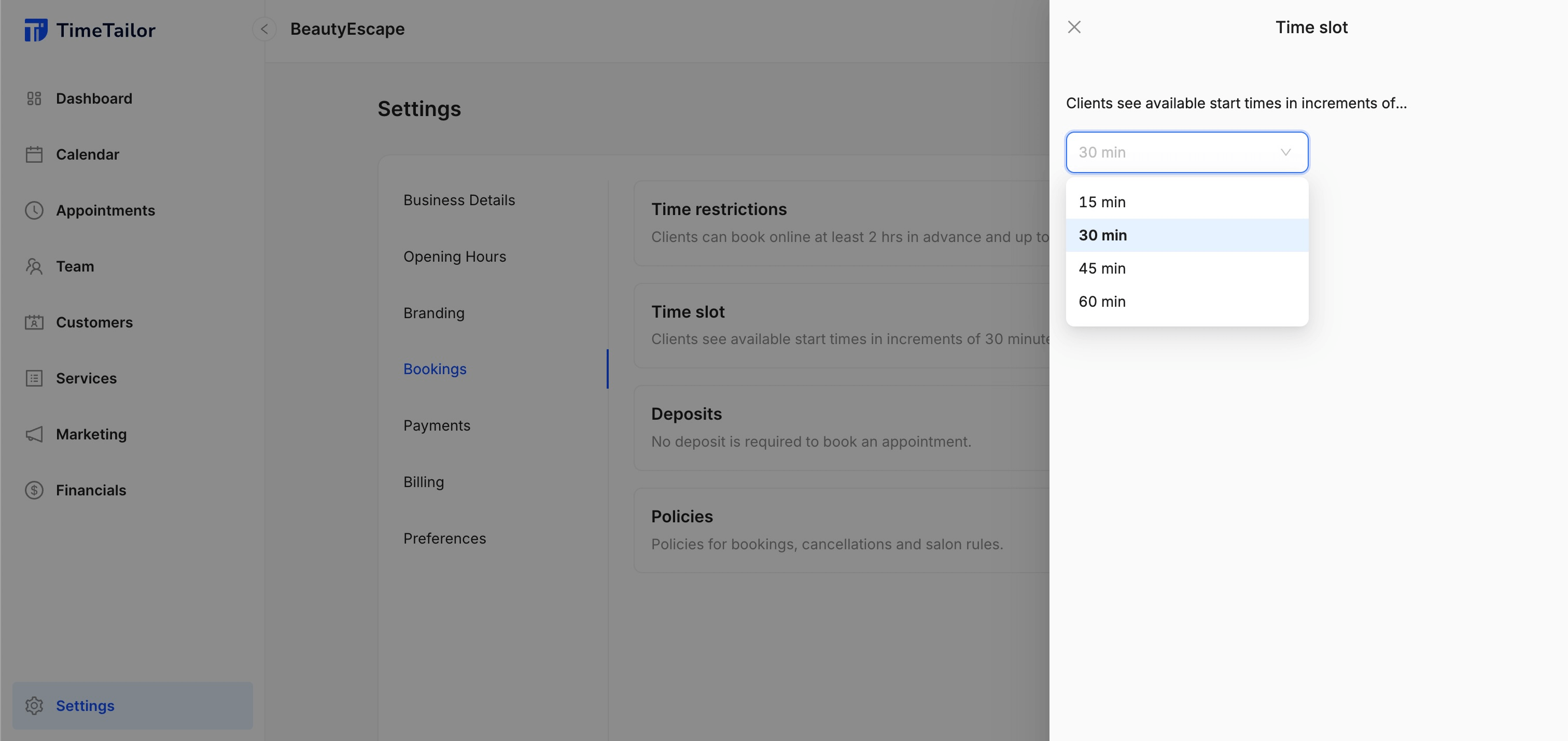 salon booking software time slot customization