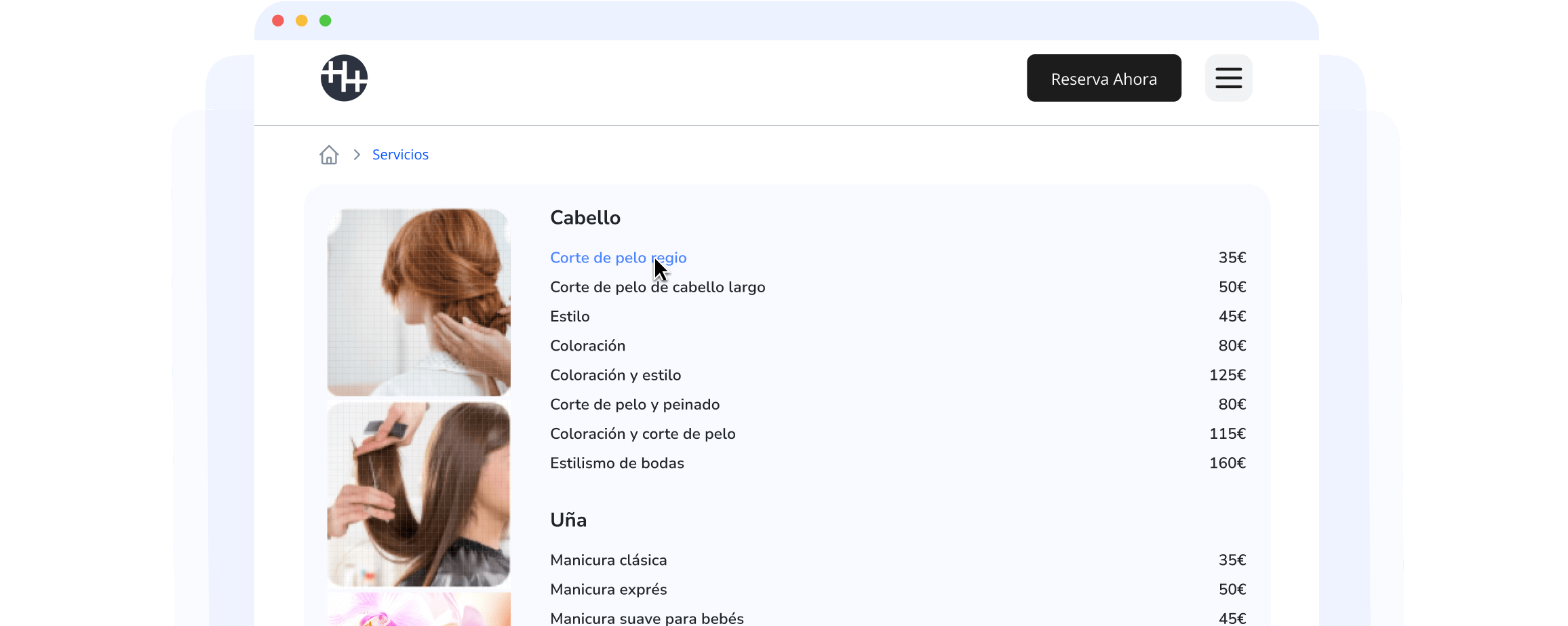 menú de servicios para salón