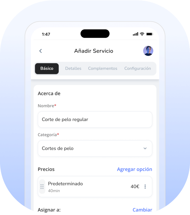 configuración del menú de servicios del salón y precios