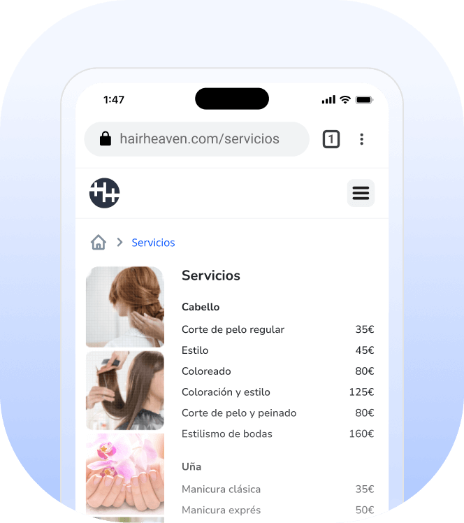 agregar tu menú de servicios del salón a tu sitio web
