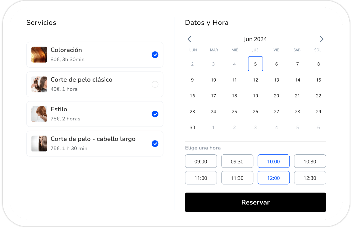 widget de reservas en línea del salón