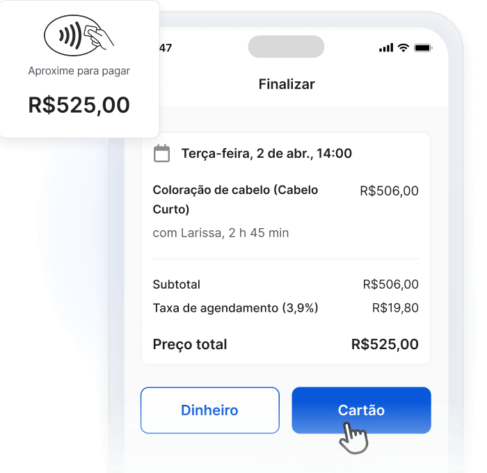 app para salão de beleza gratuito - estilista aceitando pagamento pelo smartphone com o TimeTailor