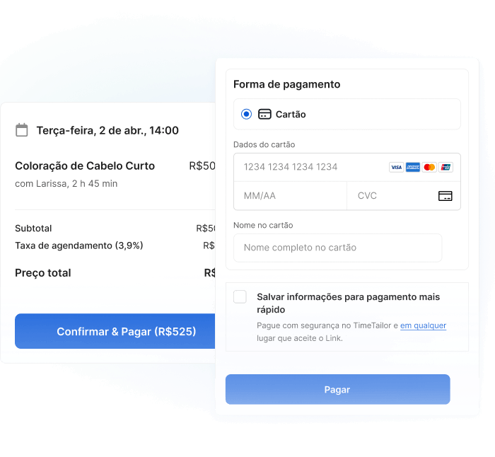 software de reserva online de salão de beleza - tela de coleta de depósito antecipado no checkout do TimeTailor
