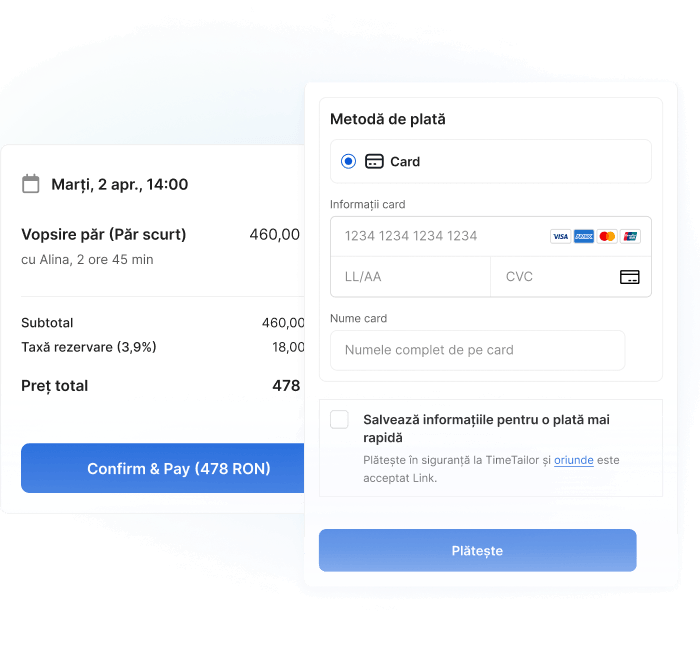 Aplicatie Programari Saloane - ecran depozit anticipat la checkout în aplicatia TimeTailor